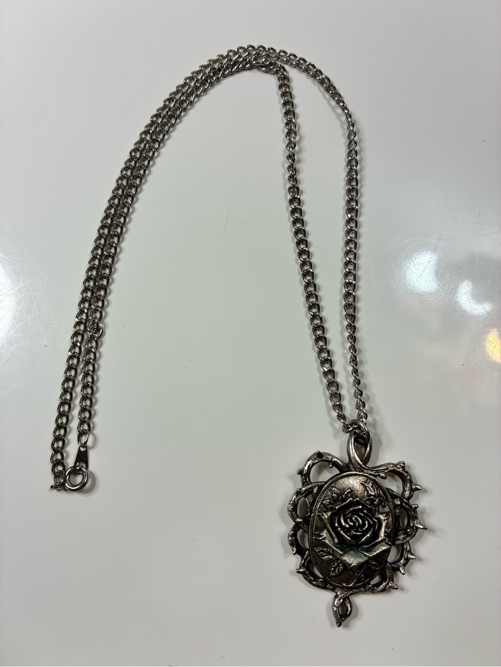 Signed Silver Rose and Thorns Goth Pendant Necklace Women Jewelry Lightweight